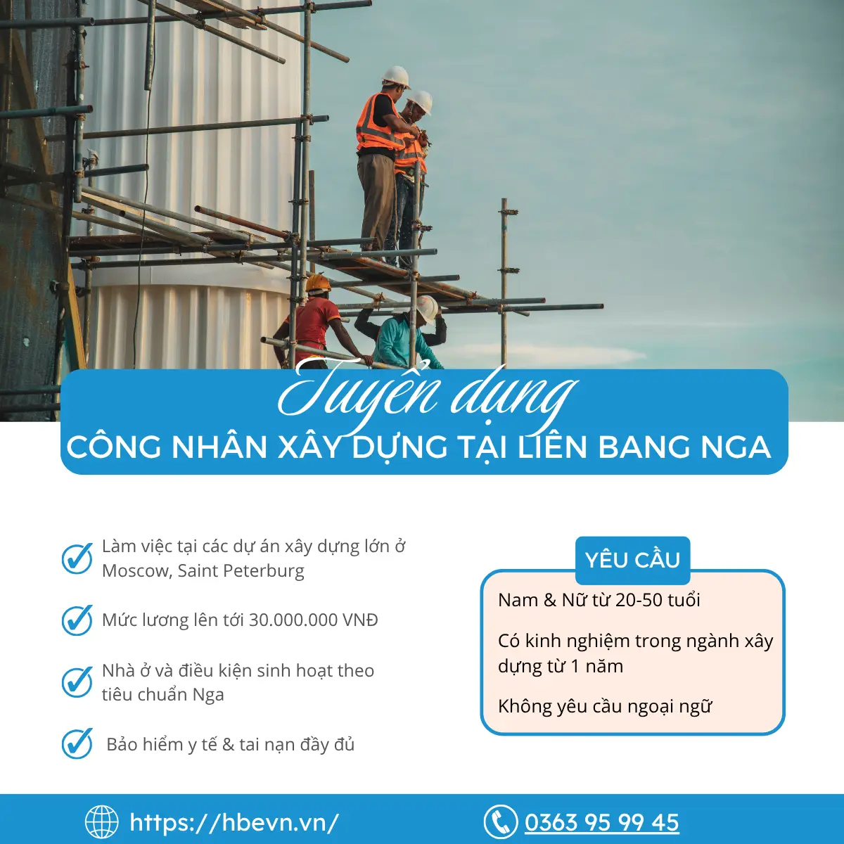 Xuất khẩu lao động Nga ngành xây dựng: Tuyển dụng công nhân xây dựng mức lương lên tới 30 triệu đồng