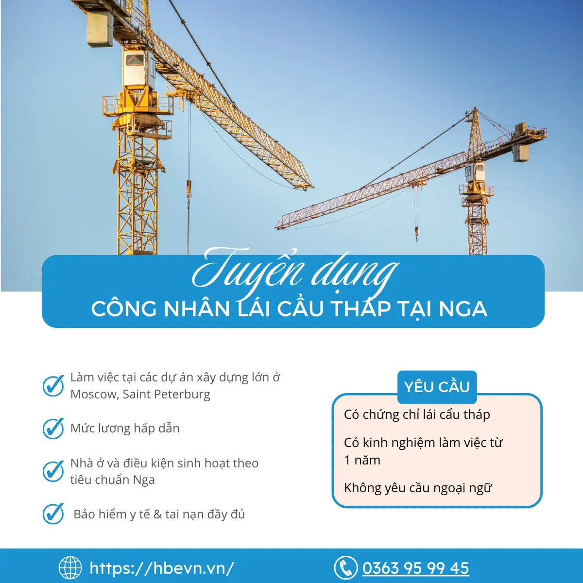 Tuyển dụng công nhân lái cẩu tháp xây dựng làm việc tại Nga